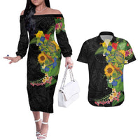 Hawaiian Tropical Plants and Chameleon Couples Matching Off The Shoulder Long Sleeve Dress and Hawaiian Shirt Polynesian Art Colorful - Polynesian Pride