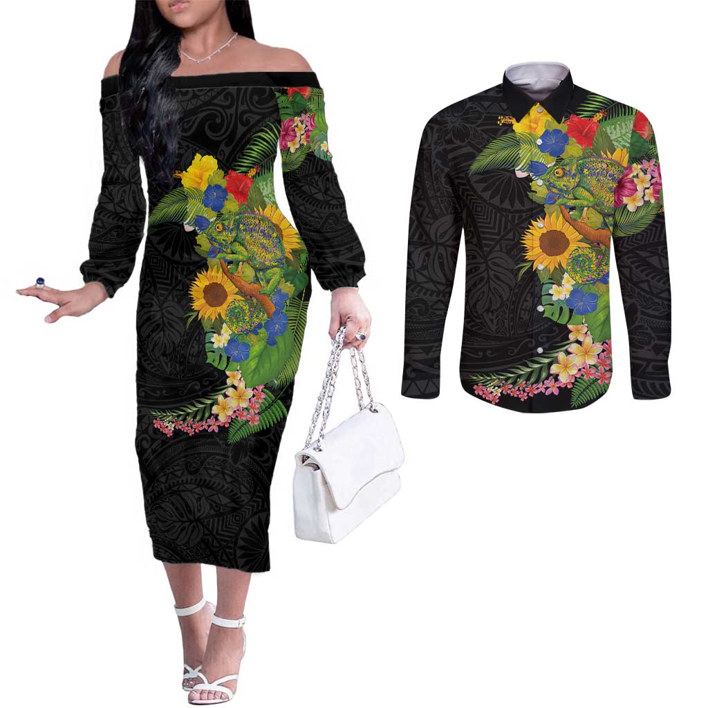 Hawaiian Tropical Plants and Chameleon Couples Matching Off The Shoulder Long Sleeve Dress and Long Sleeve Button Shirt Polynesian Art Colorful - Polynesian Pride