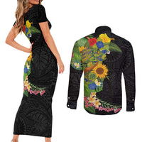 Hawaiian Tropical Plants and Chameleon Couples Matching Short Sleeve Bodycon Dress and Long Sleeve Button Shirt Polynesian Art Colorful - Polynesian Pride