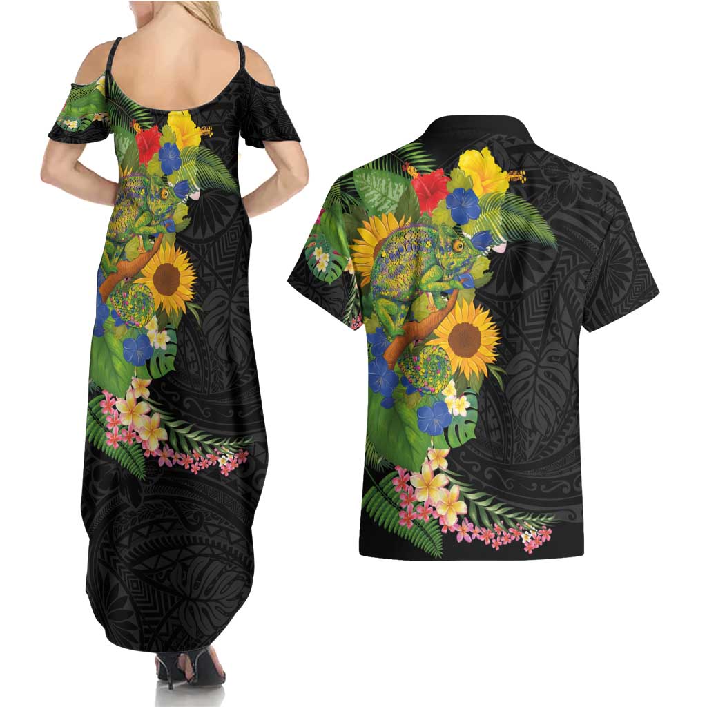 Hawaiian Tropical Plants and Chameleon Couples Matching Summer Maxi Dress and Hawaiian Shirt Polynesian Art Colorful - Polynesian Pride