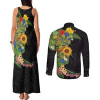 Hawaiian Tropical Plants and Chameleon Couples Matching Tank Maxi Dress and Long Sleeve Button Shirt Polynesian Art Colorful - Polynesian Pride