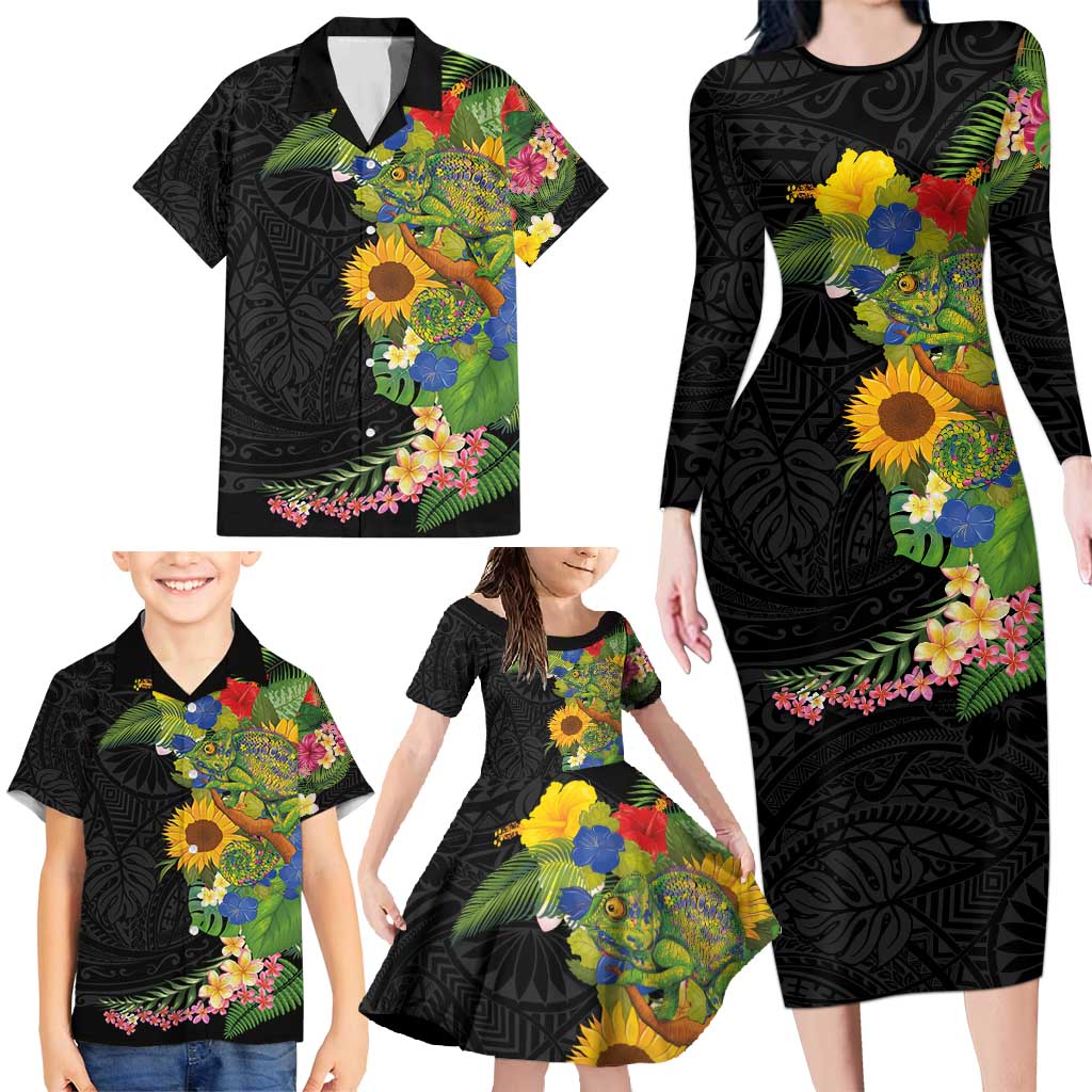 Hawaiian Tropical Plants and Chameleon Family Matching Long Sleeve Bodycon Dress and Hawaiian Shirt Polynesian Art Colorful - Polynesian Pride