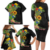 Hawaiian Tropical Plants and Chameleon Family Matching Long Sleeve Bodycon Dress and Hawaiian Shirt Polynesian Art Colorful - Polynesian Pride