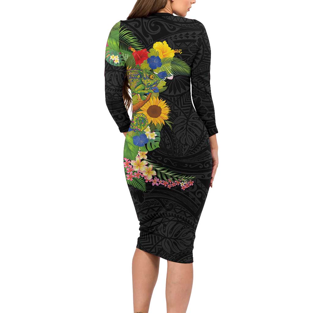 Hawaiian Tropical Plants and Chameleon Family Matching Long Sleeve Bodycon Dress and Hawaiian Shirt Polynesian Art Colorful - Polynesian Pride