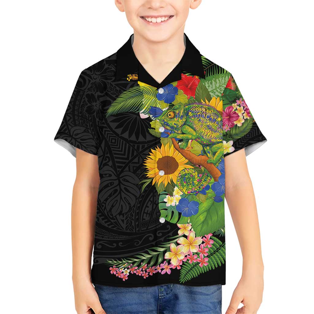 Hawaiian Tropical Plants and Chameleon Family Matching Long Sleeve Bodycon Dress and Hawaiian Shirt Polynesian Art Colorful - Polynesian Pride