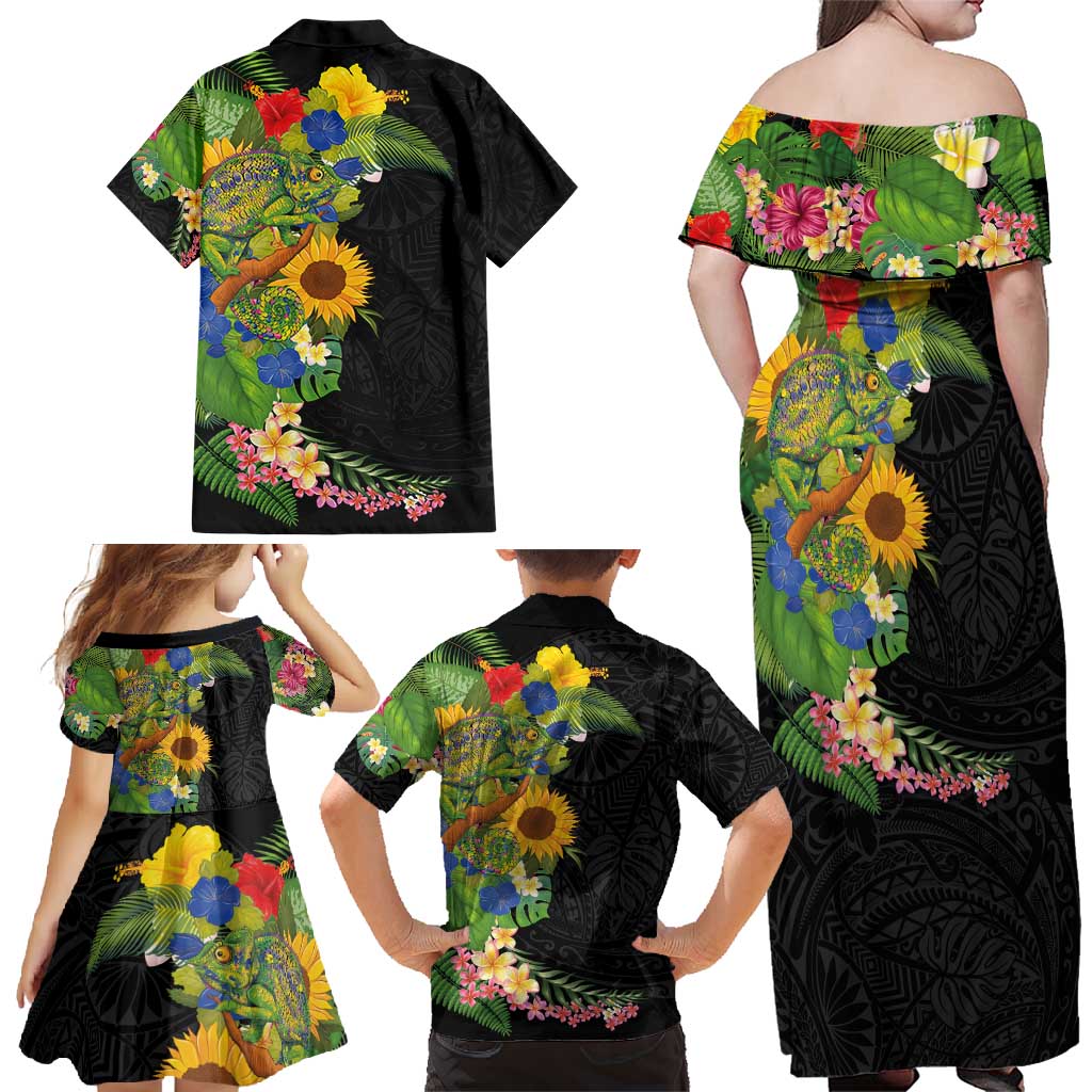 Hawaiian Tropical Plants and Chameleon Family Matching Off Shoulder Maxi Dress and Hawaiian Shirt Polynesian Art Colorful - Polynesian Pride