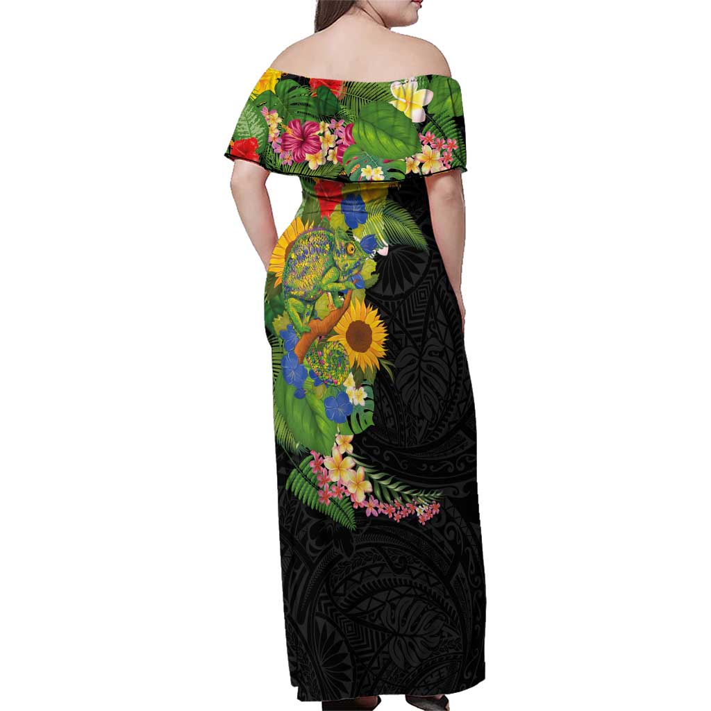 Hawaiian Tropical Plants and Chameleon Family Matching Off Shoulder Maxi Dress and Hawaiian Shirt Polynesian Art Colorful - Polynesian Pride