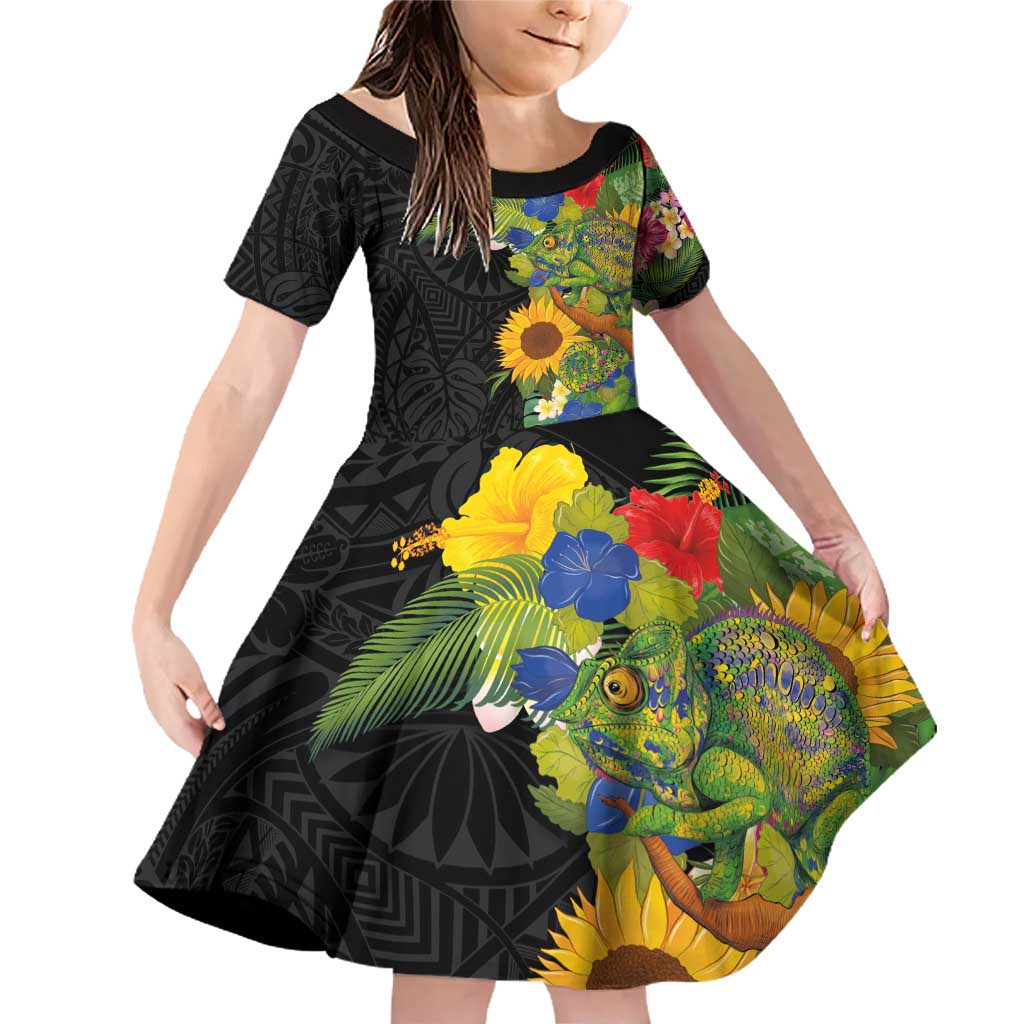 Hawaiian Tropical Plants and Chameleon Family Matching Off Shoulder Short Dress and Hawaiian Shirt Polynesian Art Colorful - Polynesian Pride