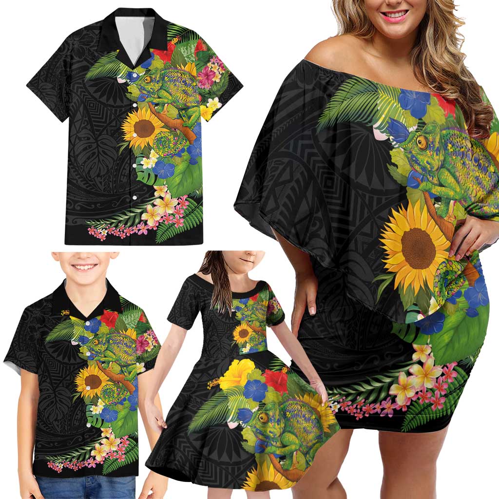 Hawaiian Tropical Plants and Chameleon Family Matching Off Shoulder Short Dress and Hawaiian Shirt Polynesian Art Colorful - Polynesian Pride