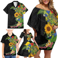 Hawaiian Tropical Plants and Chameleon Family Matching Off Shoulder Short Dress and Hawaiian Shirt Polynesian Art Colorful - Polynesian Pride