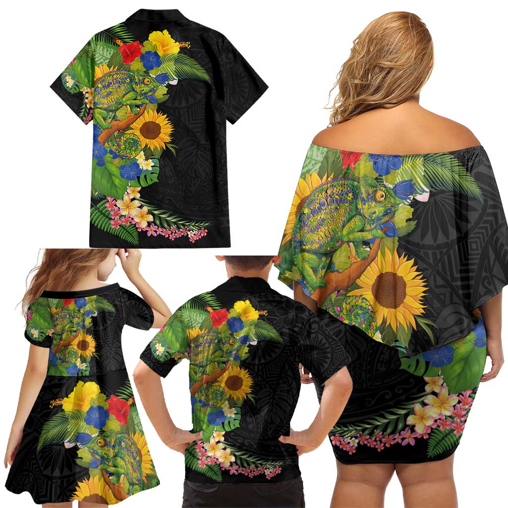 Hawaiian Tropical Plants and Chameleon Family Matching Off Shoulder Short Dress and Hawaiian Shirt Polynesian Art Colorful - Polynesian Pride