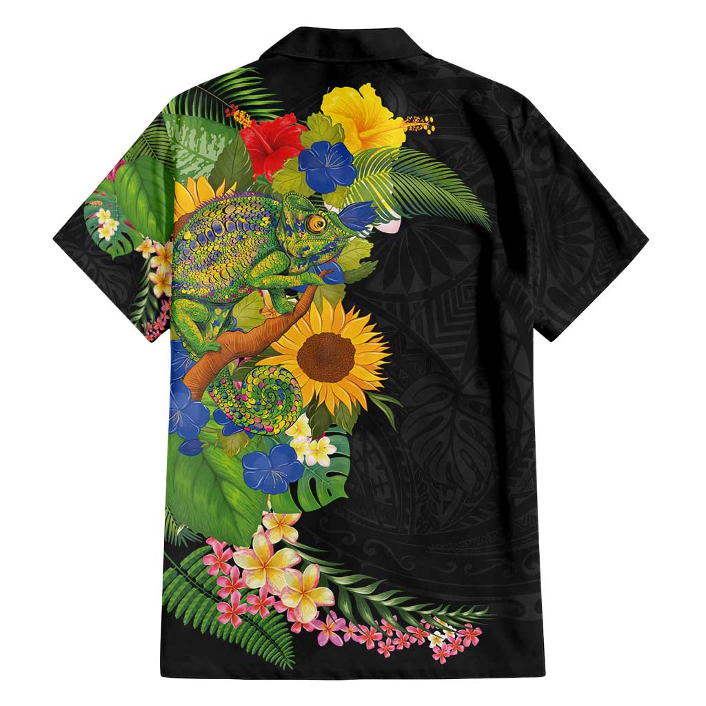 Hawaiian Tropical Plants and Chameleon Family Matching Off Shoulder Short Dress and Hawaiian Shirt Polynesian Art Colorful - Polynesian Pride