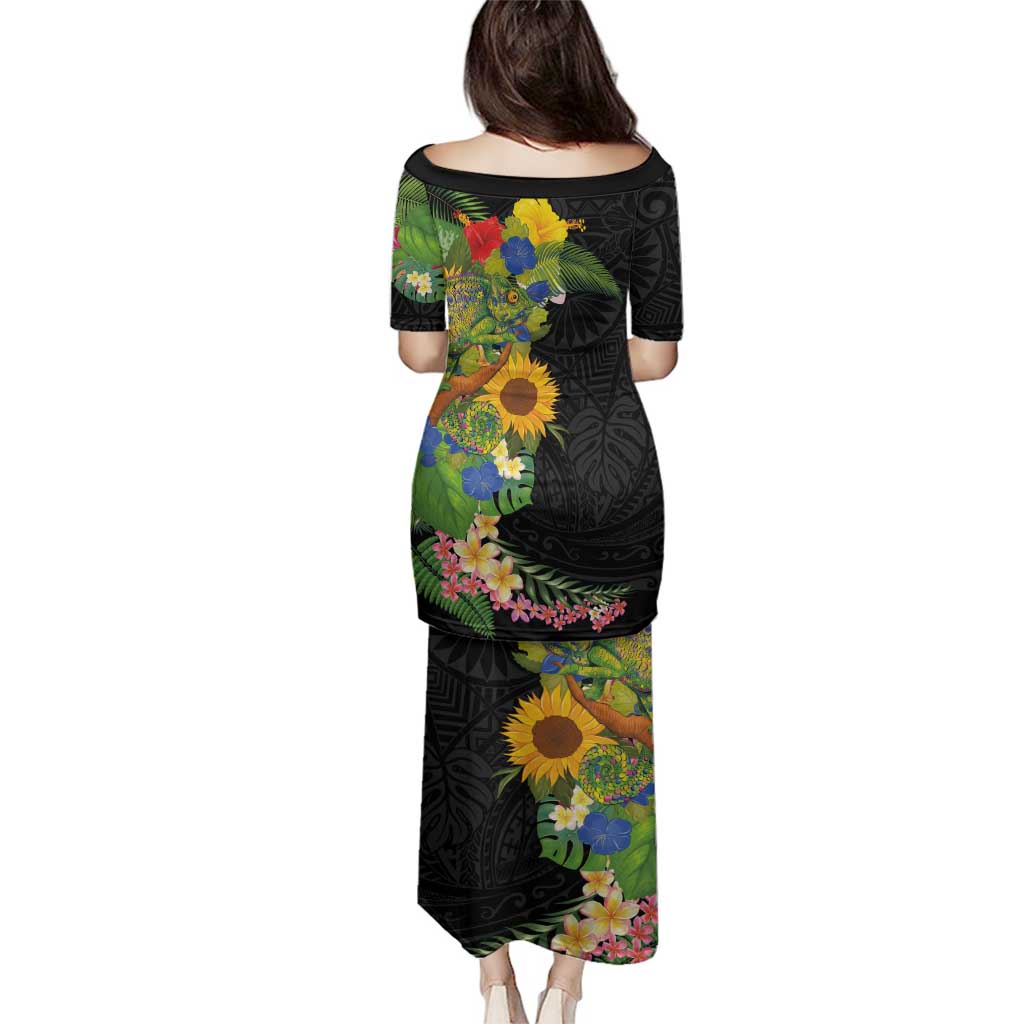 Hawaiian Tropical Plants and Chameleon Family Matching Puletasi and Hawaiian Shirt Polynesian Art Colorful - Polynesian Pride