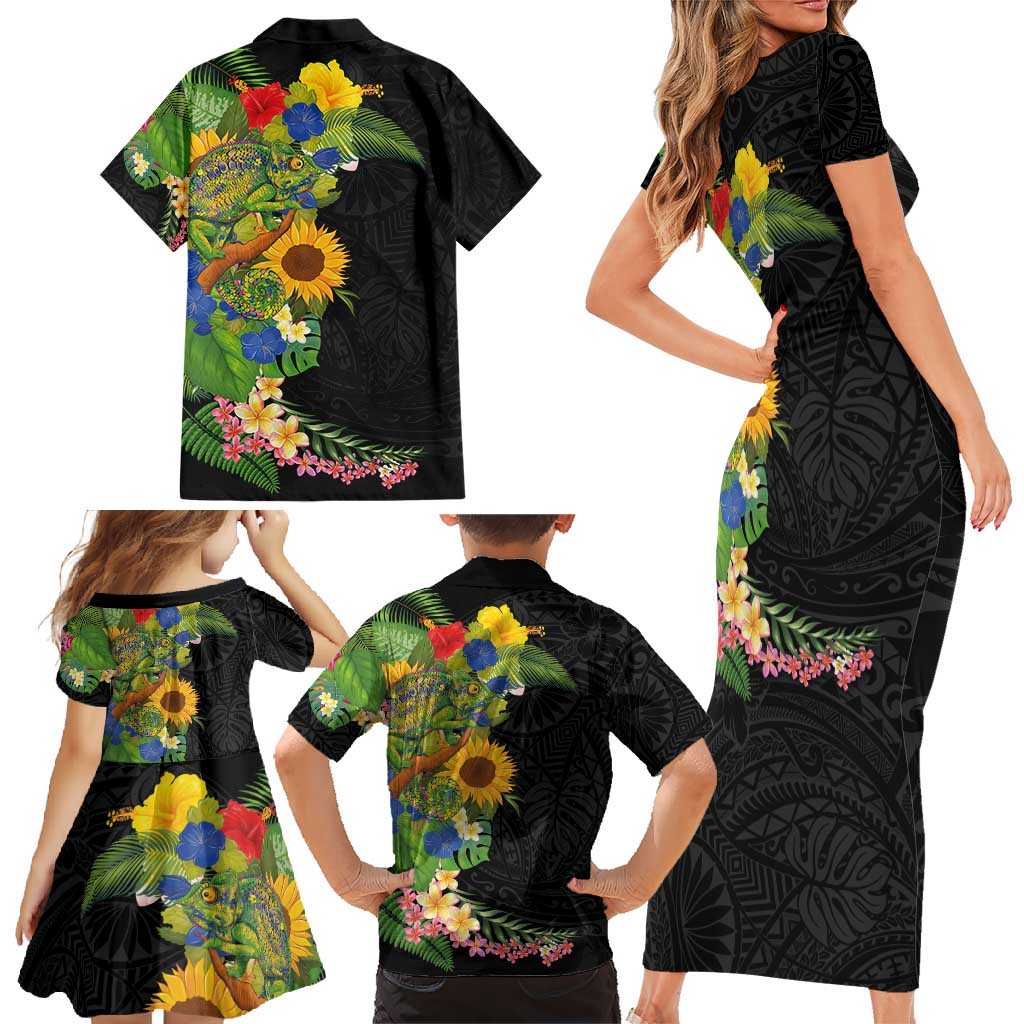 Hawaiian Tropical Plants and Chameleon Family Matching Short Sleeve Bodycon Dress and Hawaiian Shirt Polynesian Art Colorful - Polynesian Pride