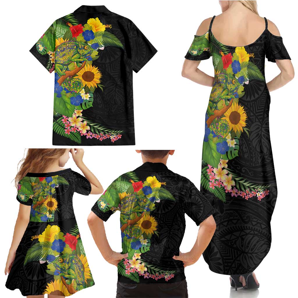 Hawaiian Tropical Plants and Chameleon Family Matching Summer Maxi Dress and Hawaiian Shirt Polynesian Art Colorful - Polynesian Pride