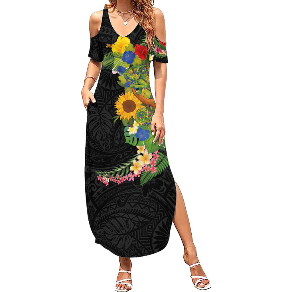 Hawaiian Tropical Plants and Chameleon Family Matching Summer Maxi Dress and Hawaiian Shirt Polynesian Art Colorful - Polynesian Pride
