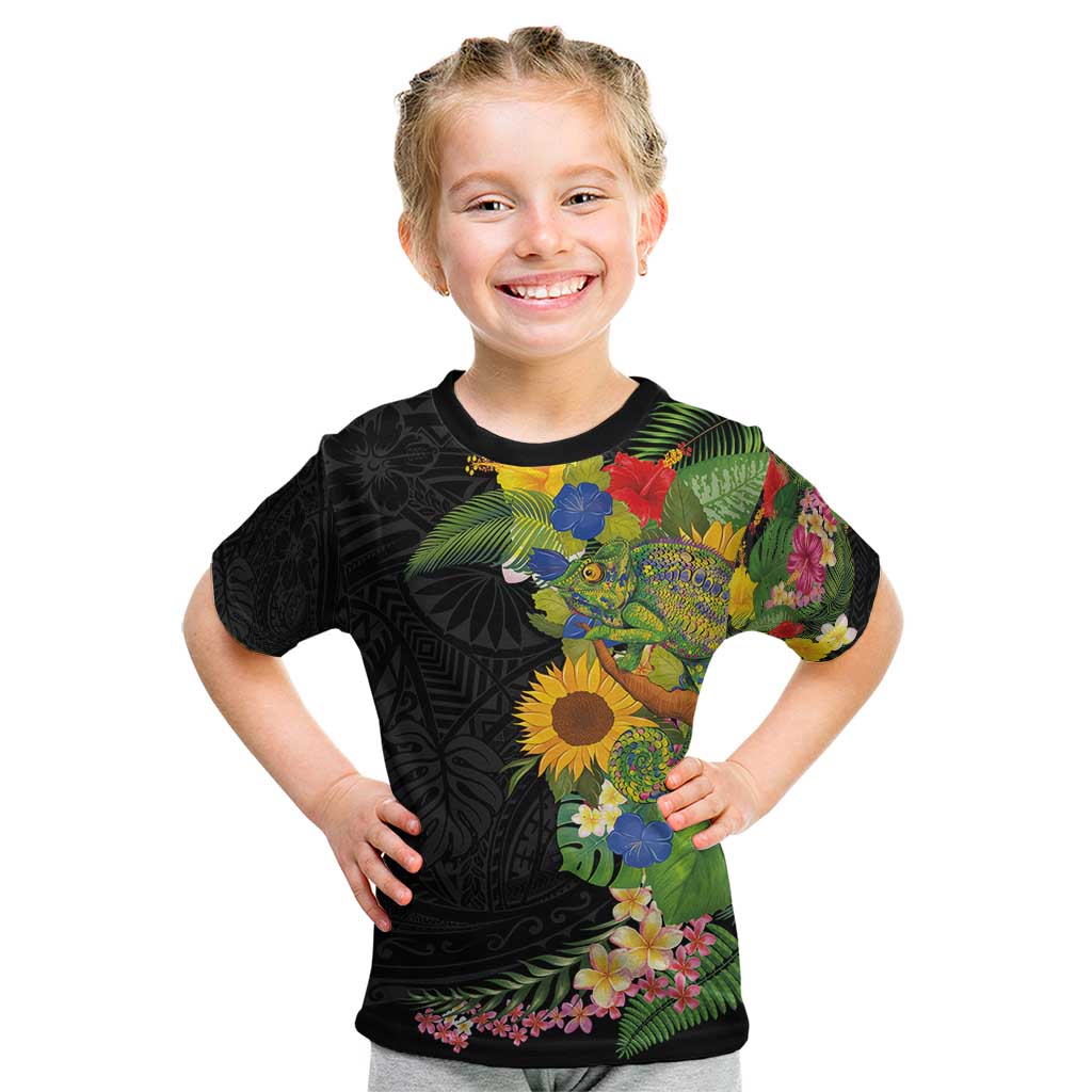 Hawaiian Tropical Plants and Chameleon Kid T Shirt Polynesian Art Colorful - Polynesian Pride