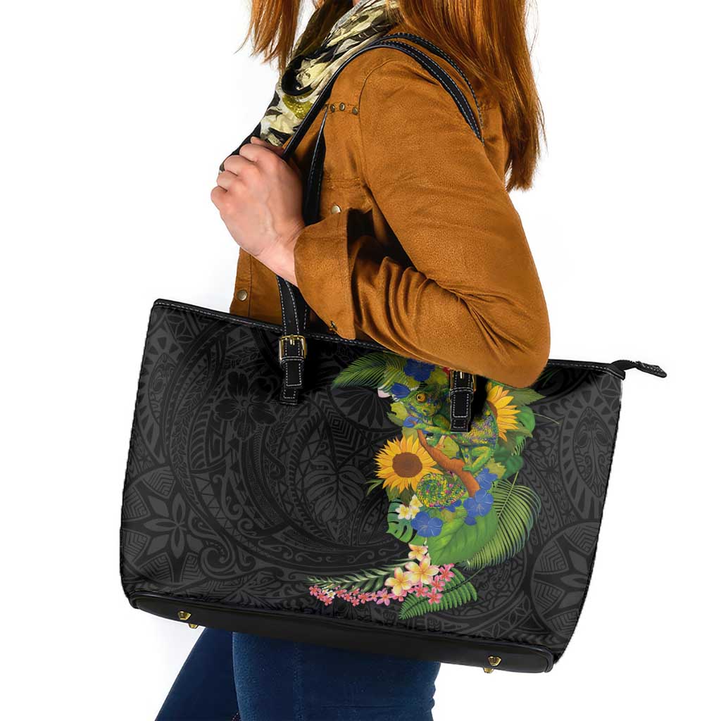 Hawaiian Tropical Plants and Chameleon Leather Tote Bag Polynesian Art Colorful - Polynesian Pride