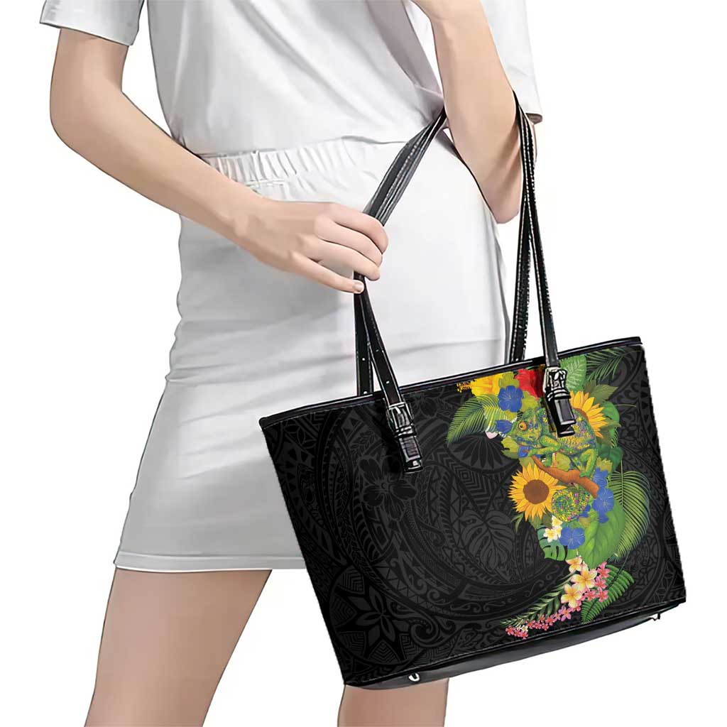 Hawaiian Tropical Plants and Chameleon Leather Tote Bag Polynesian Art Colorful - Polynesian Pride