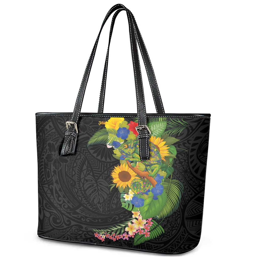 Hawaiian Tropical Plants and Chameleon Leather Tote Bag Polynesian Art Colorful - Polynesian Pride