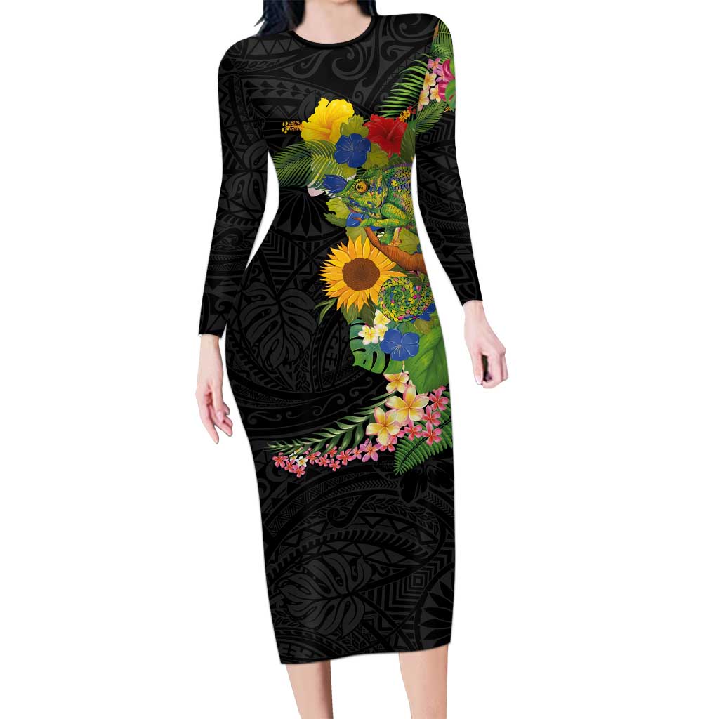 Hawaiian Tropical Plants and Chameleon Long Sleeve Bodycon Dress Polynesian Art Colorful - Polynesian Pride