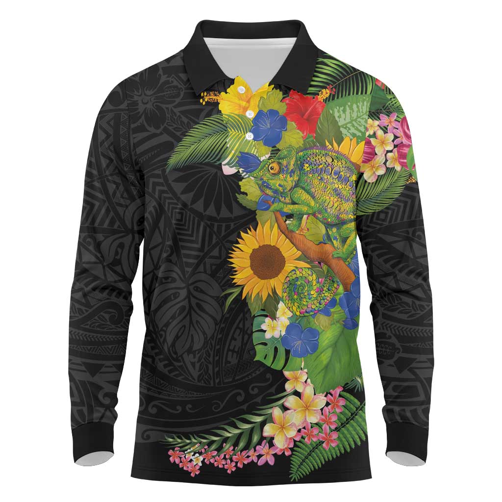 Hawaiian Tropical Plants and Chameleon Long Sleeve Polo Shirt Polynesian Art Colorful - Polynesian Pride