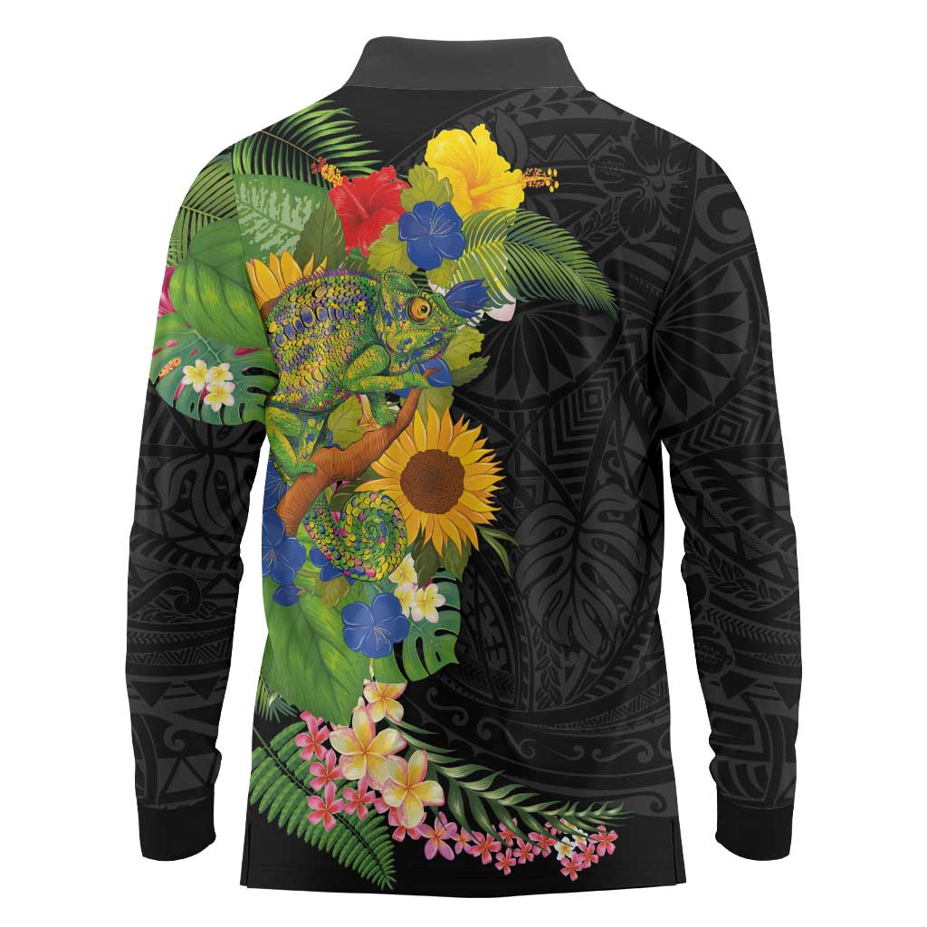 Hawaiian Tropical Plants and Chameleon Long Sleeve Polo Shirt Polynesian Art Colorful - Polynesian Pride