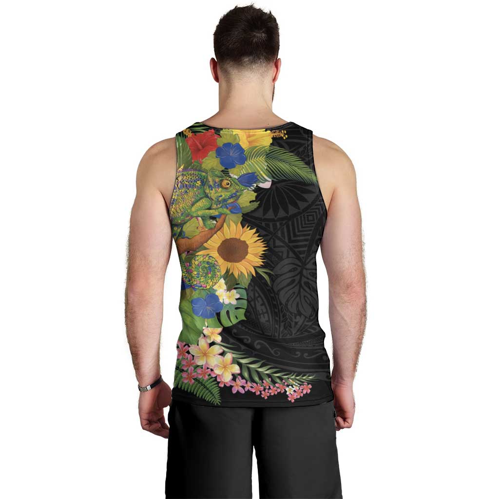 Hawaiian Tropical Plants and Chameleon Men Tank Top Polynesian Art Colorful - Polynesian Pride