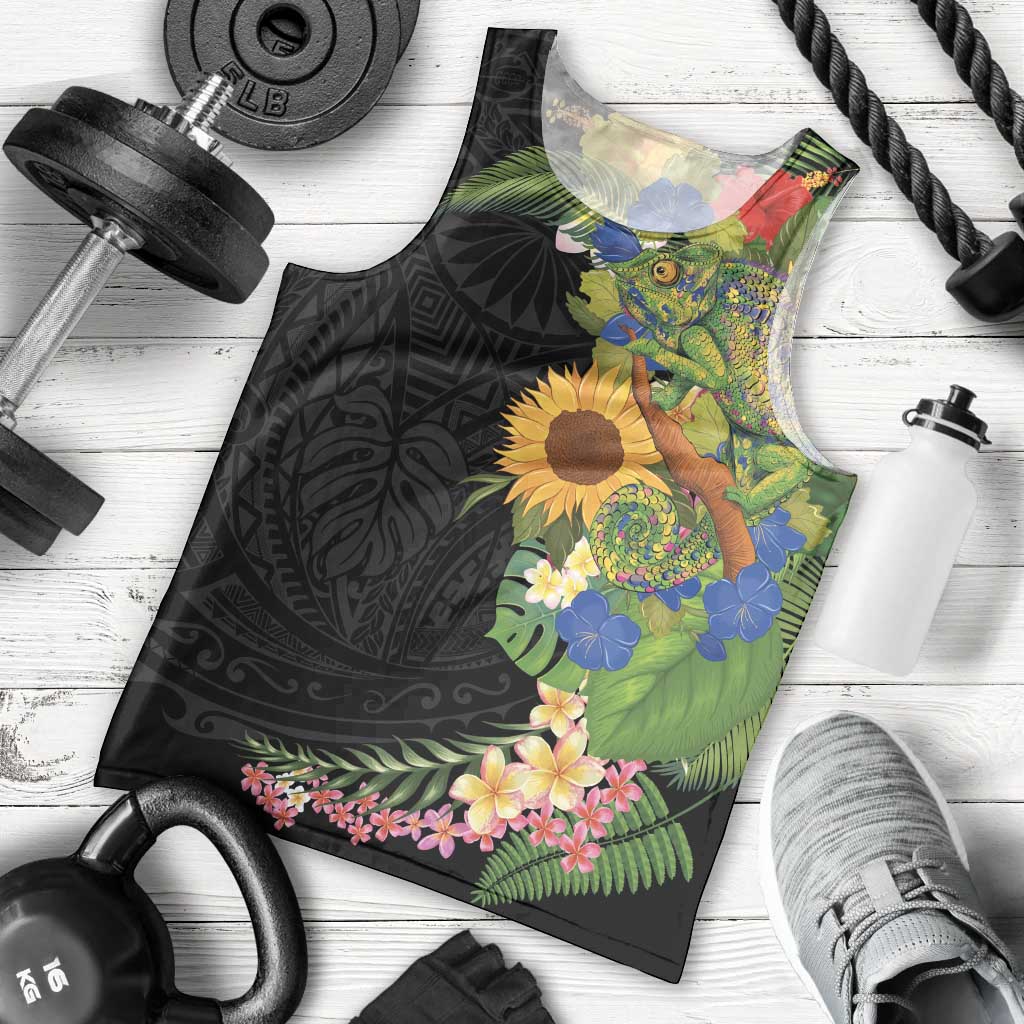 Hawaiian Tropical Plants and Chameleon Men Tank Top Polynesian Art Colorful - Polynesian Pride