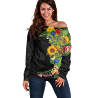 Hawaiian Tropical Plants and Chameleon Off Shoulder Sweater Polynesian Art Colorful - Polynesian Pride