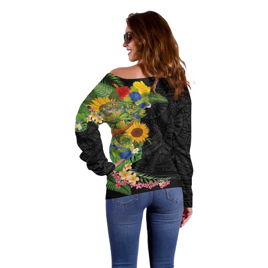 Hawaiian Tropical Plants and Chameleon Off Shoulder Sweater Polynesian Art Colorful - Polynesian Pride