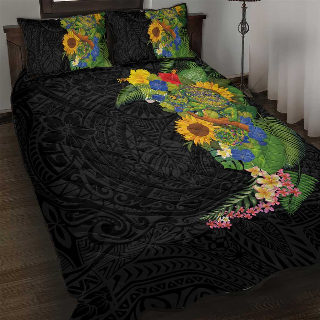 Hawaiian Tropical Plants and Chameleon Quilt Bed Set Polynesian Art Colorful LT03 Black - Polynesian Pride