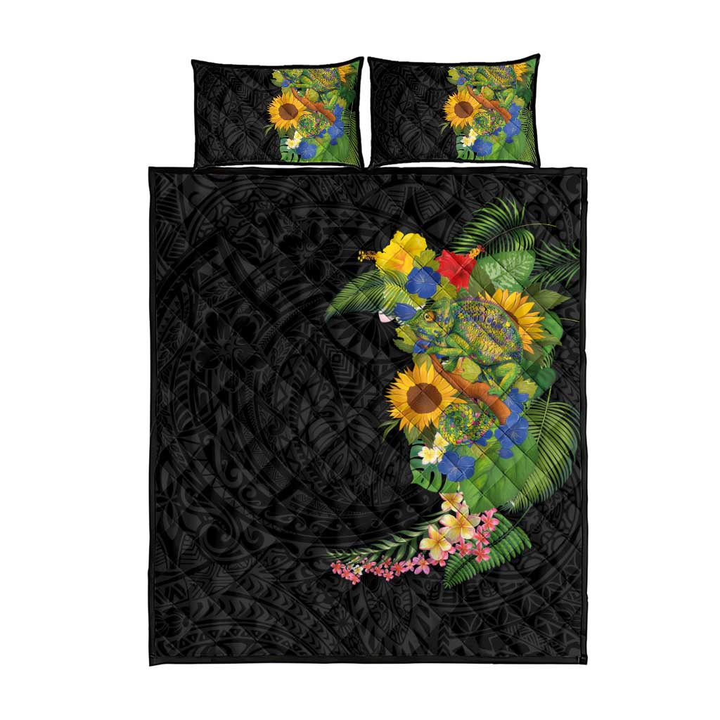 Hawaiian Tropical Plants and Chameleon Quilt Bed Set Polynesian Art Colorful LT03 - Polynesian Pride