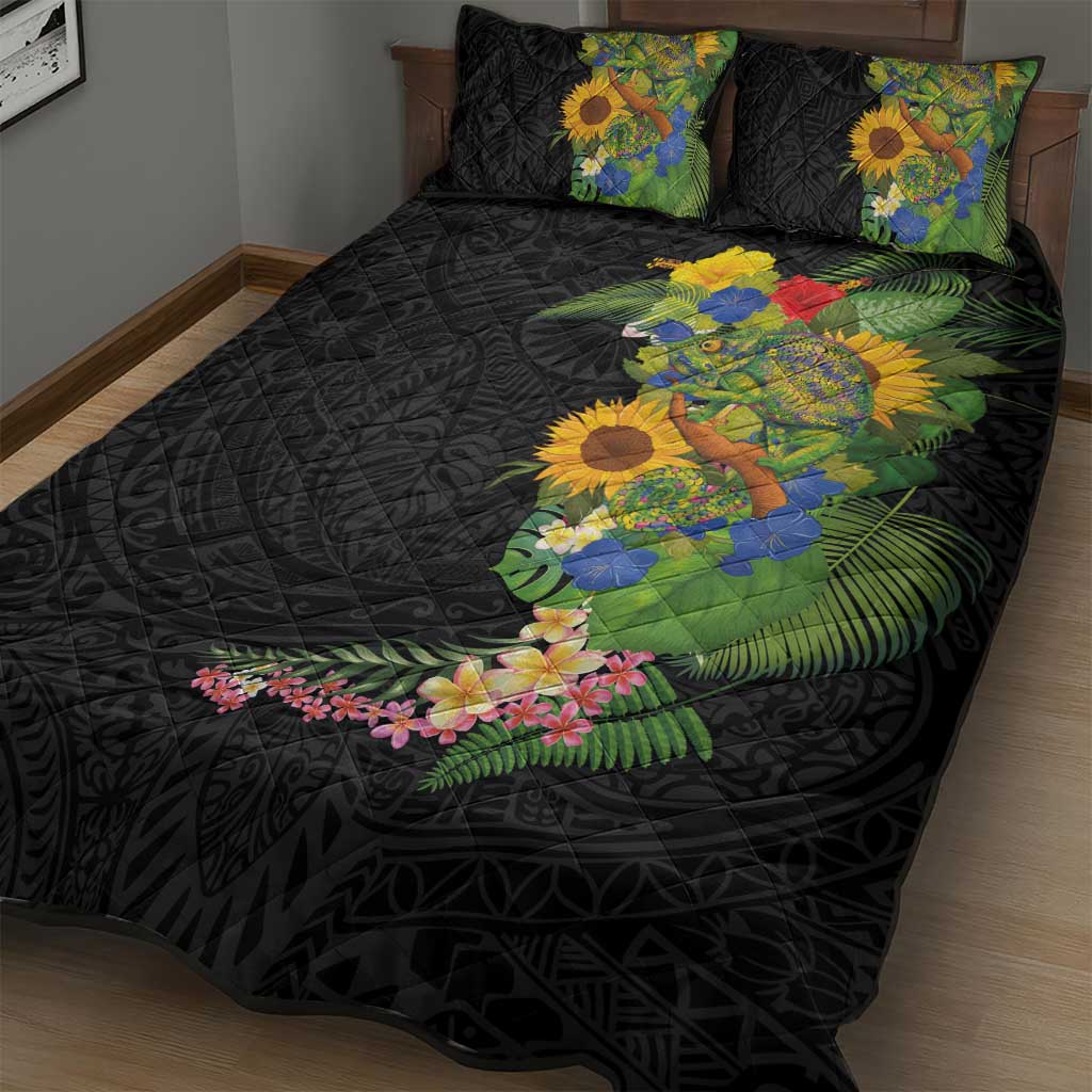 Hawaiian Tropical Plants and Chameleon Quilt Bed Set Polynesian Art Colorful LT03 - Polynesian Pride