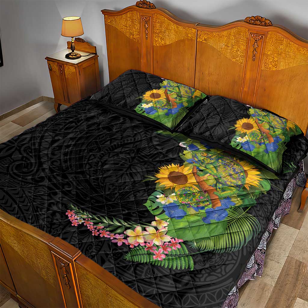 Hawaiian Tropical Plants and Chameleon Quilt Bed Set Polynesian Art Colorful LT03 - Polynesian Pride
