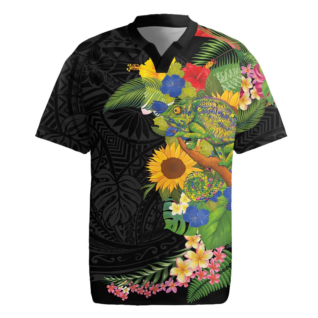 Hawaiian Tropical Plants and Chameleon Rugby Jersey Polynesian Art Colorful - Polynesian Pride