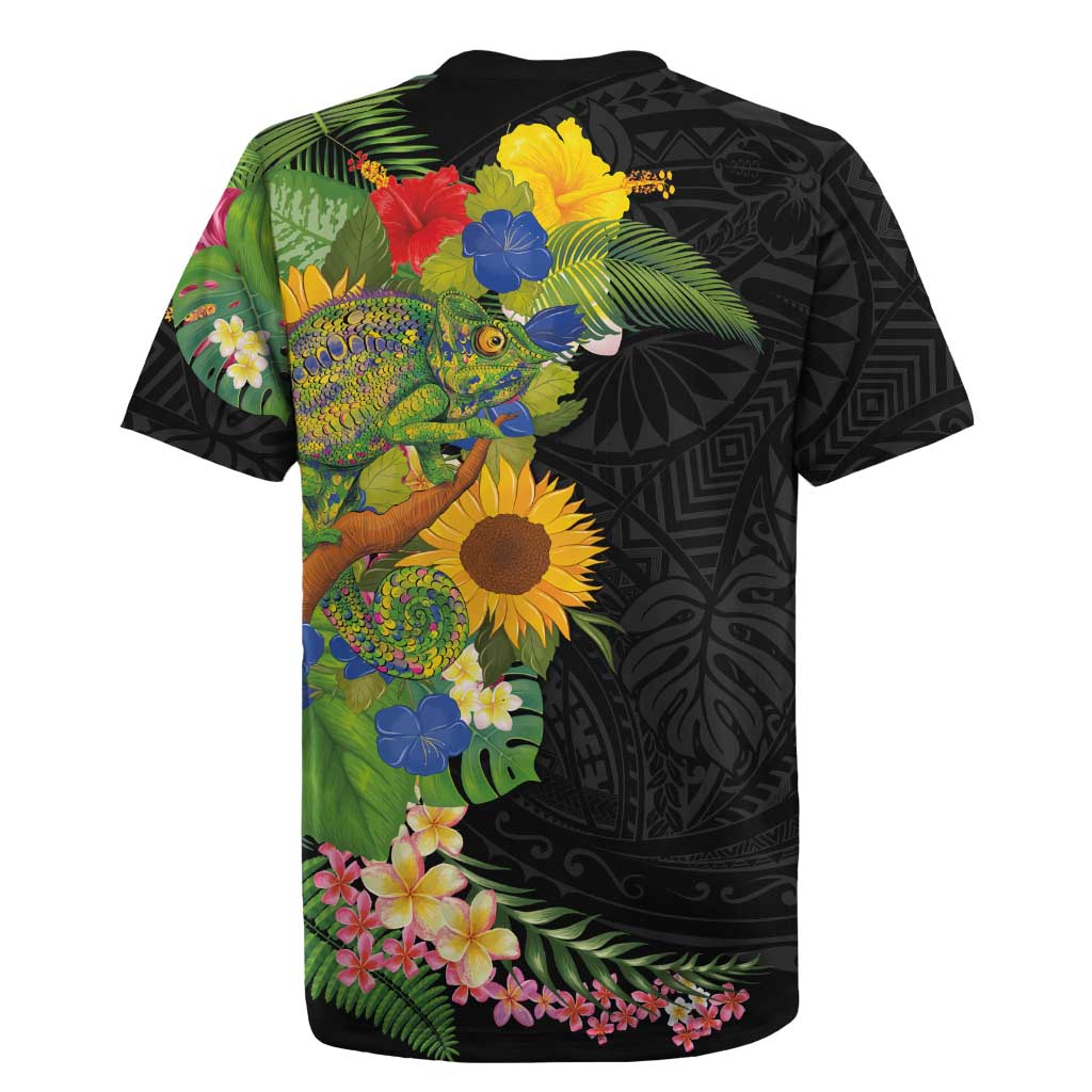 Hawaiian Tropical Plants and Chameleon Rugby Jersey Polynesian Art Colorful - Polynesian Pride