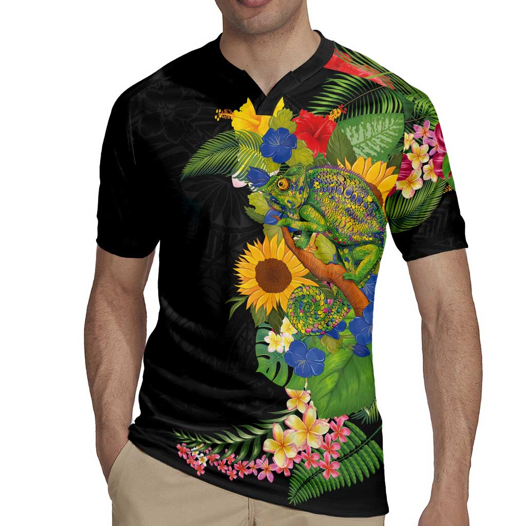 Hawaiian Tropical Plants and Chameleon Rugby Jersey Polynesian Art Colorful - Polynesian Pride