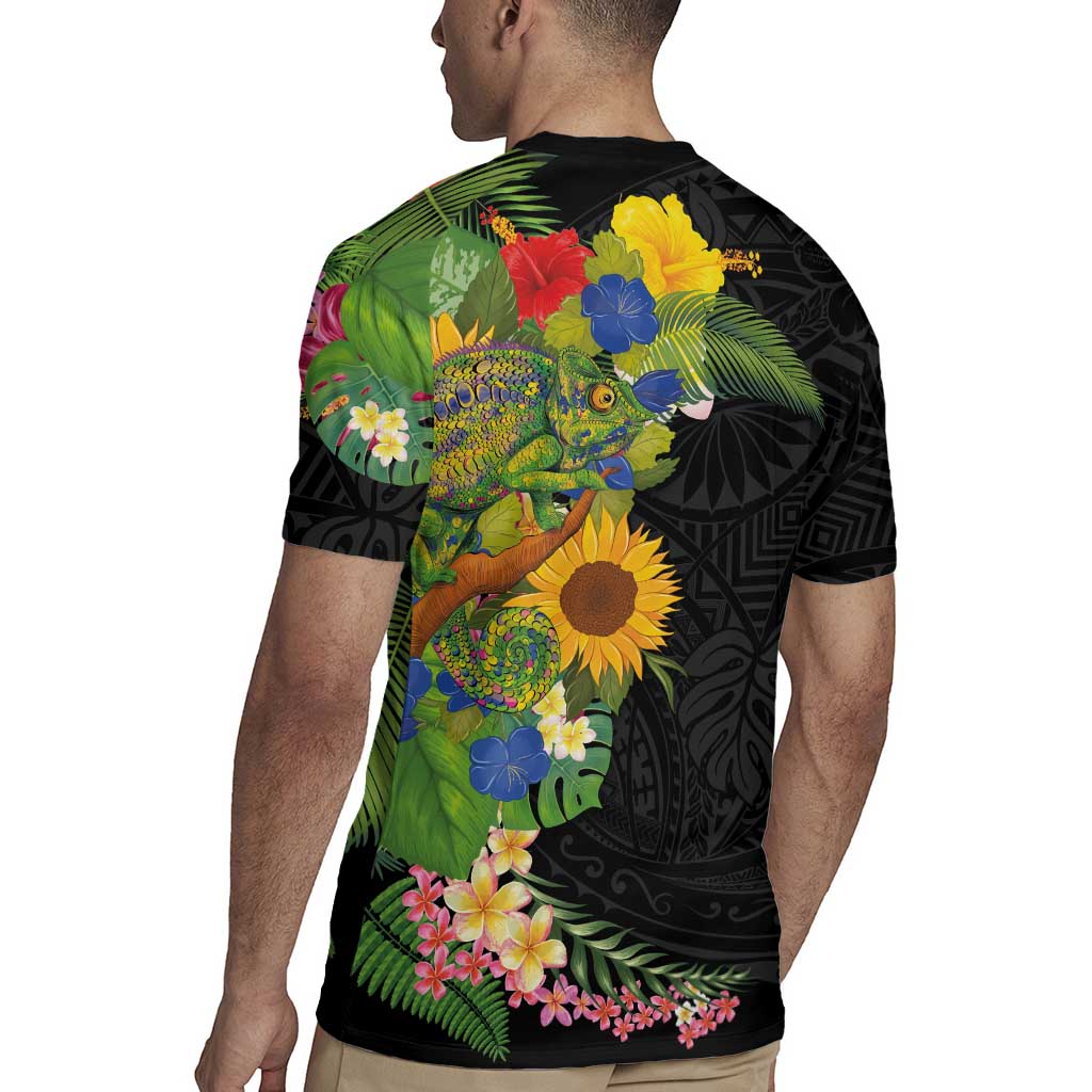 Hawaiian Tropical Plants and Chameleon Rugby Jersey Polynesian Art Colorful - Polynesian Pride