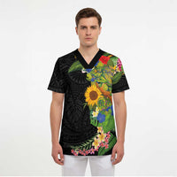 Hawaiian Tropical Plants and Chameleon Scrub Top Polynesian Art Colorful - Polynesian Pride