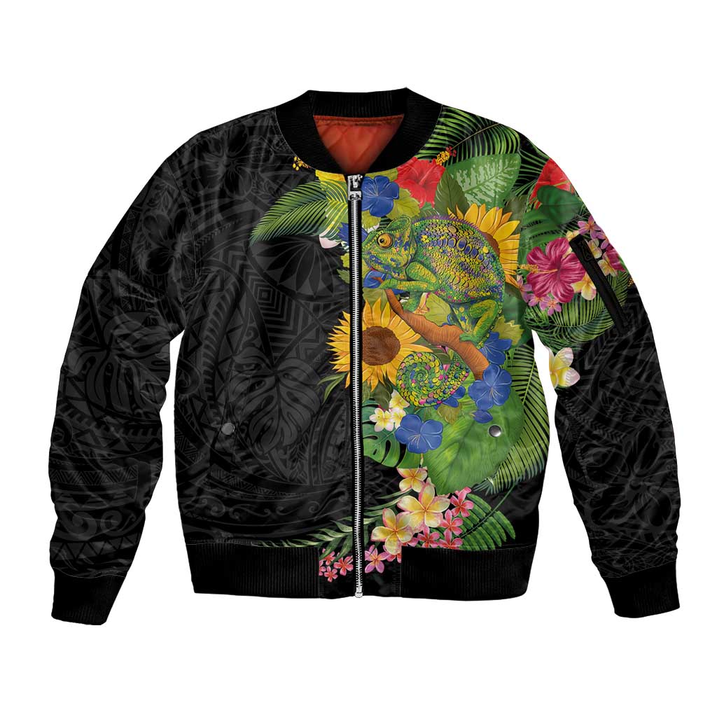 Hawaiian Tropical Plants and Chameleon Sleeve Zip Bomber Jacket Polynesian Art Colorful - Polynesian Pride
