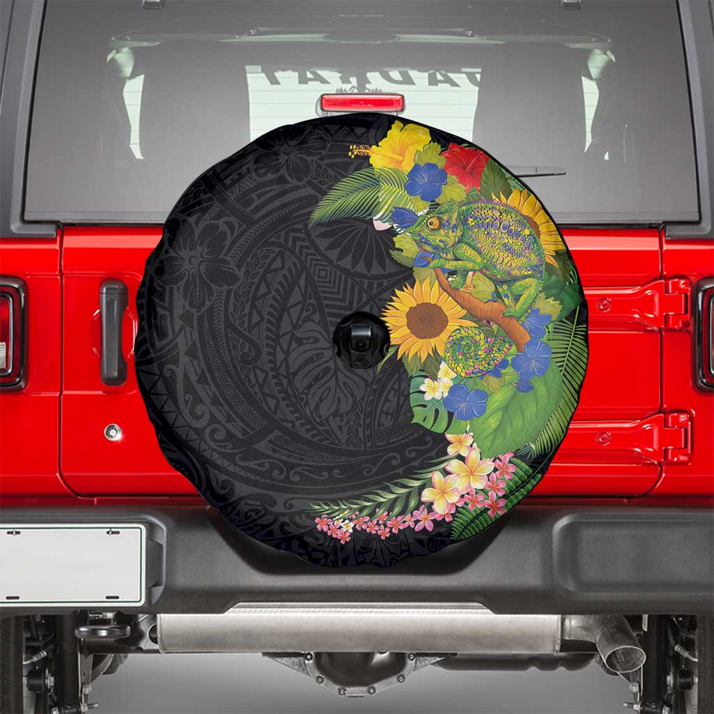 Hawaiian Tropical Plants and Chameleon Spare Tire Cover Polynesian Art Colorful - Polynesian Pride
