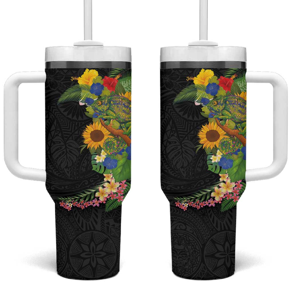 Hawaiian Tropical Plants and Chameleon Tumbler With Handle Polynesian Art Colorful - Polynesian Pride