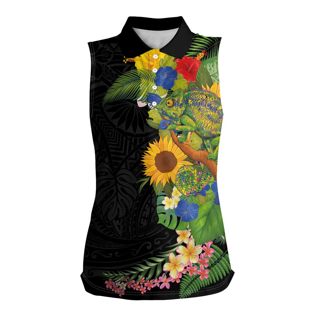 Hawaiian Tropical Plants and Chameleon Women Sleeveless Polo Shirt Polynesian Art Colorful - Polynesian Pride