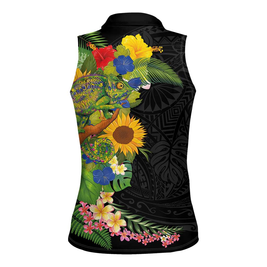 Hawaiian Tropical Plants and Chameleon Women Sleeveless Polo Shirt Polynesian Art Colorful - Polynesian Pride
