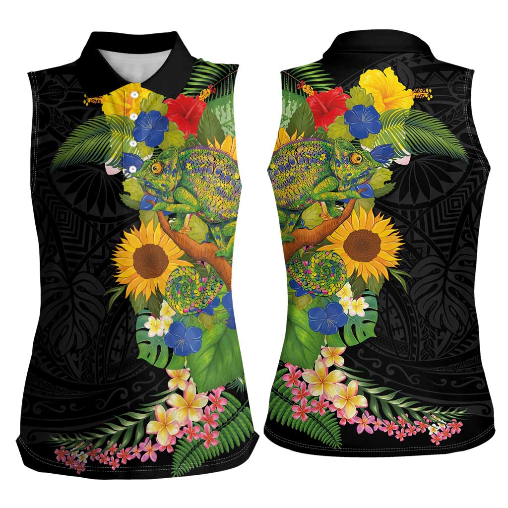 Hawaiian Tropical Plants and Chameleon Women Sleeveless Polo Shirt Polynesian Art Colorful - Polynesian Pride
