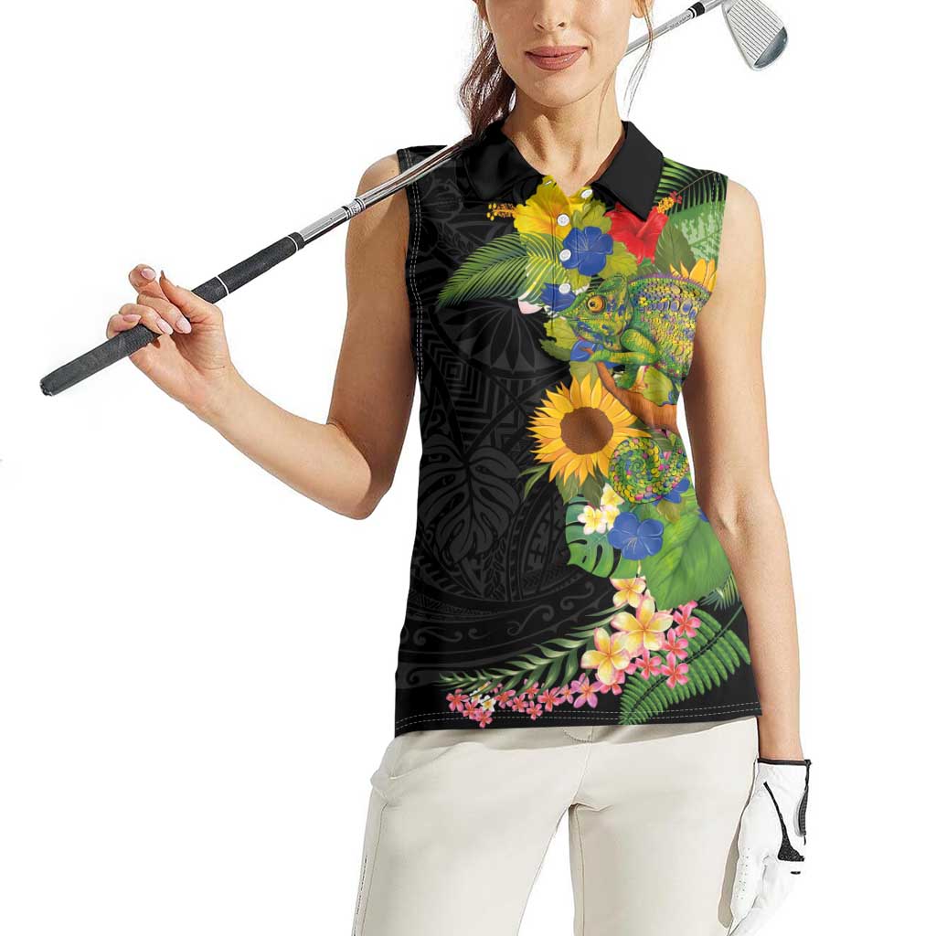 Hawaiian Tropical Plants and Chameleon Women Sleeveless Polo Shirt Polynesian Art Colorful - Polynesian Pride