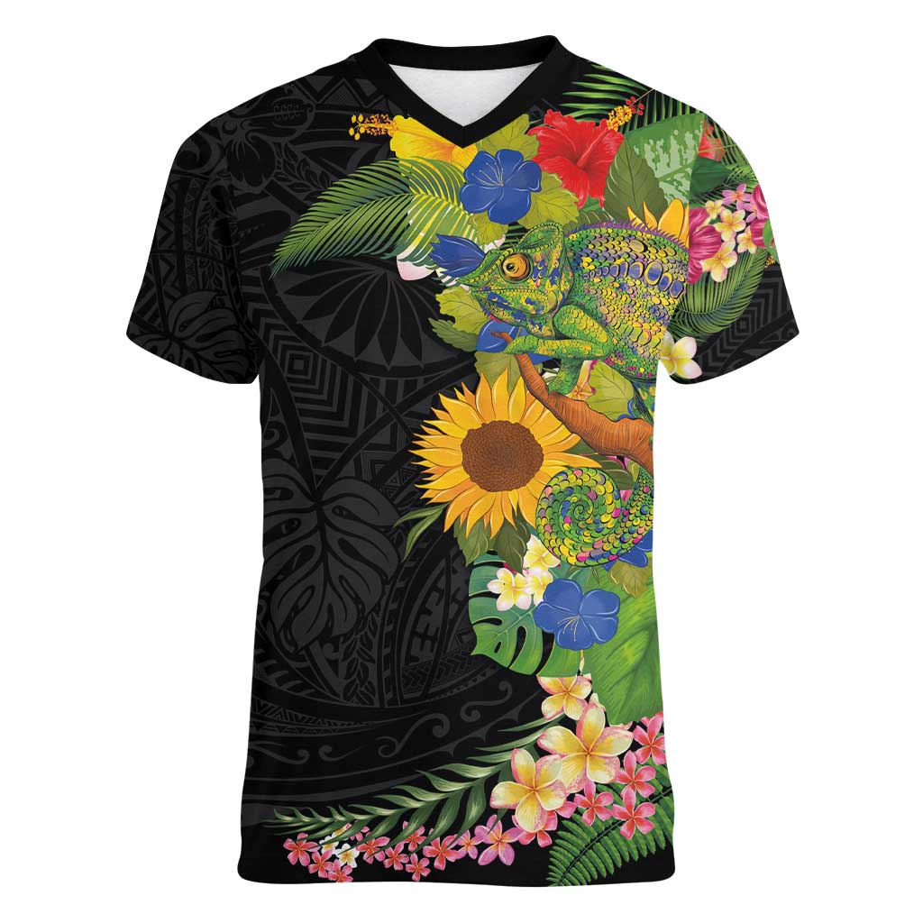 Hawaiian Tropical Plants and Chameleon Women V-Neck T-Shirt Polynesian Art Colorful - Polynesian Pride