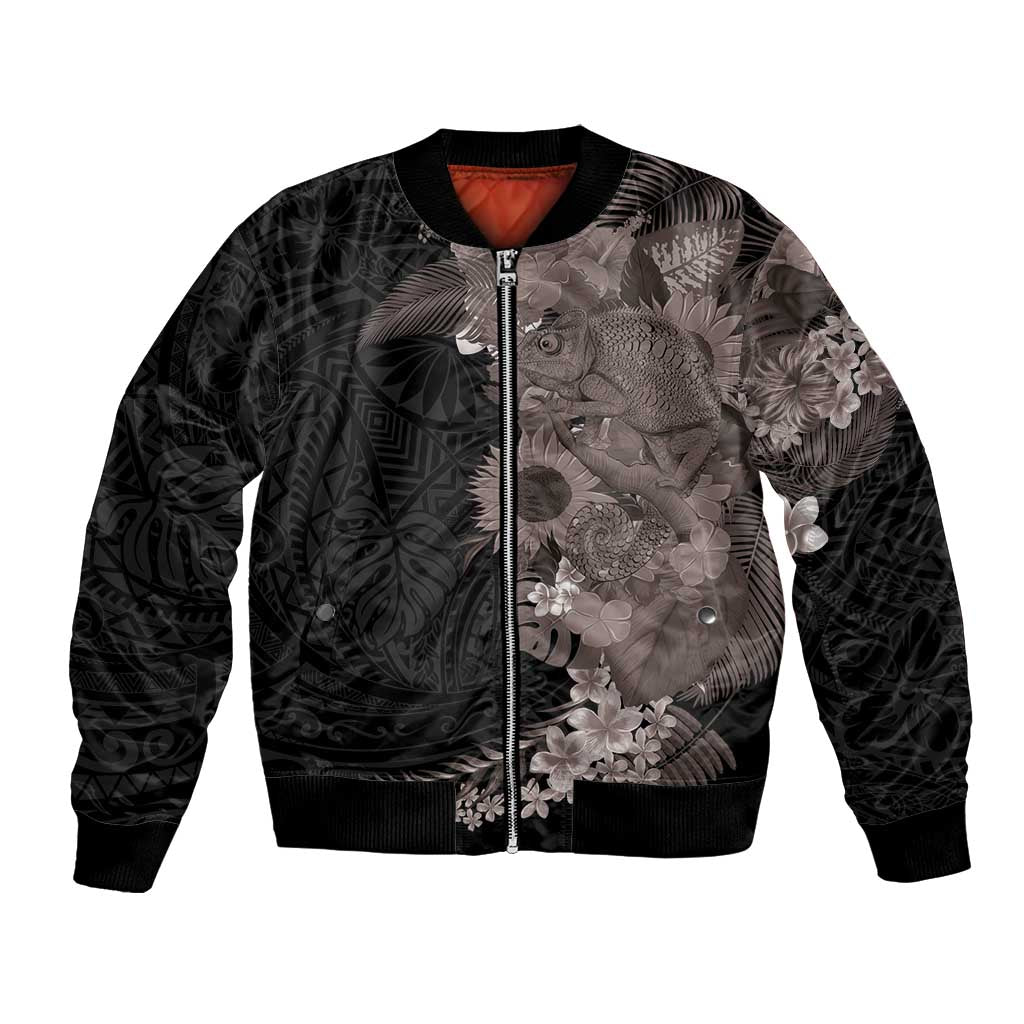 Hawaiian Tropical Plants and Chameleon Bomber Jacket Polynesian Art Grayscale - Polynesian Pride