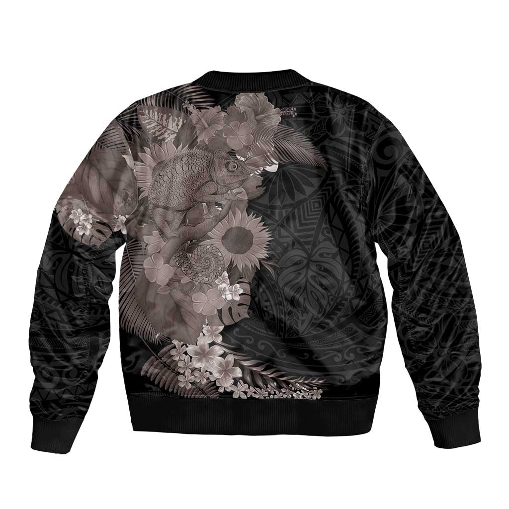 Hawaiian Tropical Plants and Chameleon Bomber Jacket Polynesian Art Grayscale - Polynesian Pride
